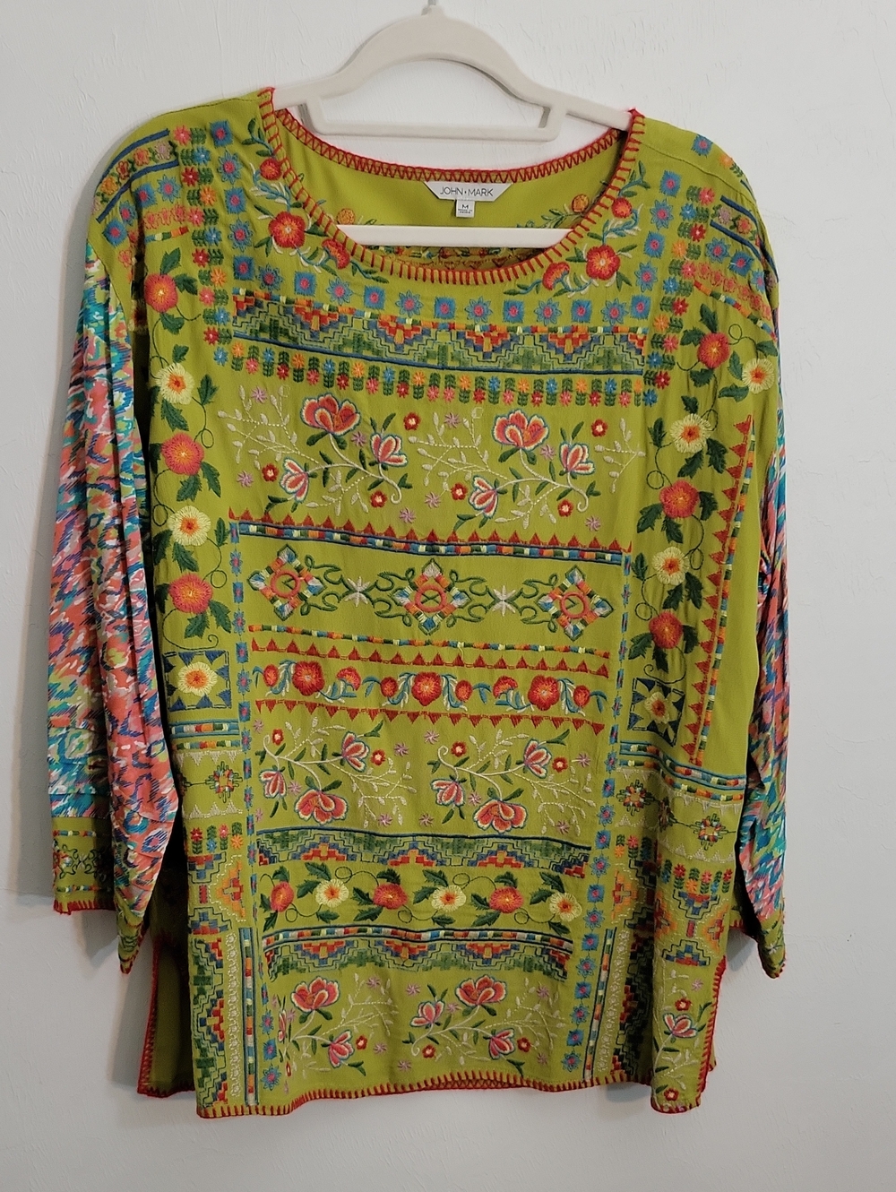John Mark Olive Green Embroidered Boho Floral Tunic